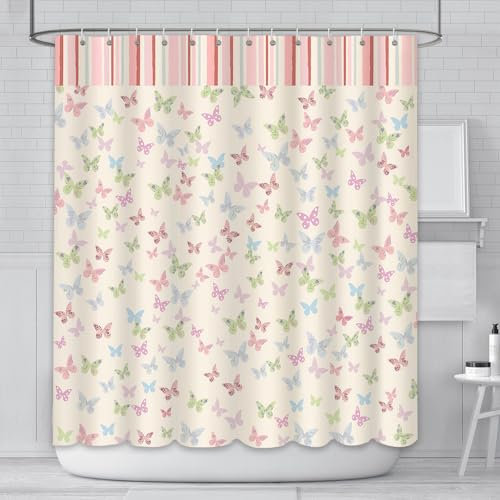 AIBIIN Rideau de douche moderne en polyester avec 12 crochets Motif papillons roses 180 x 180 cm