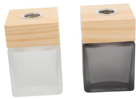 Yardenfun 2pcs Square Glass 100ml Perfume Dispensing Bottles Empty Essential Oil Container Wooden Cap for Home Aromatherapy Living Room Bathroom Grey