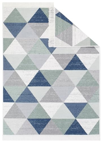 TAPISO Azteca Teppich Kurzflor Baumwolle Waschbar mit Fransen Creme Grau Blau Grün Dreiecke Beidseitig Anwendbar Wohnzimmer Schlafzimmer Küche ÖKOTEX 80 x 300 cm
