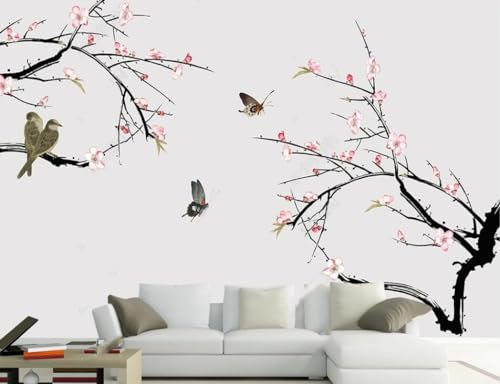 Papier Peint Panoramique Arbre Tropical 3D Blanc Tapisserie Murales Motif Chinois Oiseau Et Fleur Peints À La Main À L'Encre Et À La Fleur De Pêcher Salon Chambre Adulte Enfant Zen Poster Geant Mural