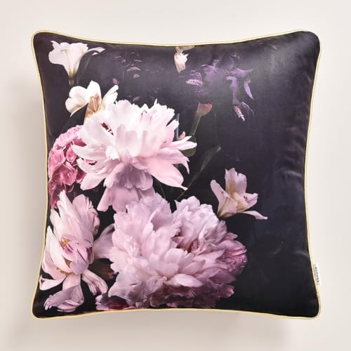 ROOM99 Mimosa - Funda de cojín Decorativa (45 x 45 cm), diseño de Flores, Terciopelo, Color Negro