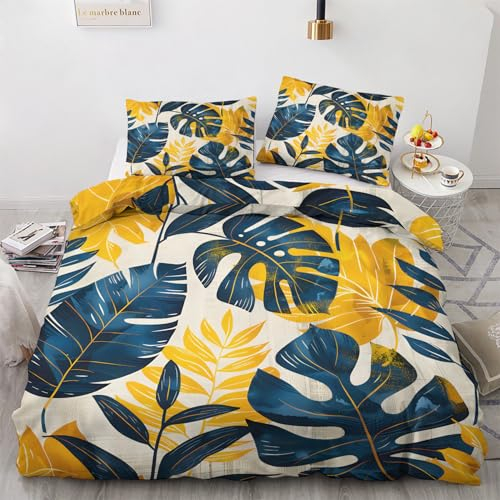 Monstera Bettwäsche 220x240 - Bettbezug 220x240 Tropische Blätter, Bettwäsche-Sets 3 teilig, Weich & Atmungsaktiv Mikrofaser Wendebettwäsche und 2 Kissenbezug 80x80 mit Reißverschluss L&-y216