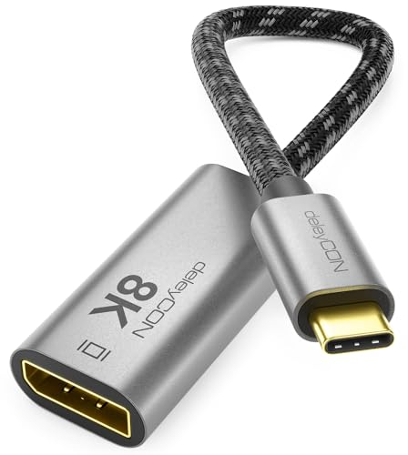 deleyCON 8K USB-C auf DisplayPort Adapter für Monitor (8K@60Hz / 4K@120Hz) aus Aluminium, Thunderbolt 3/4, für iPhone 16, 15 Pro Max, MacBook, iPad Pro/Air, Samsung Galaxy S25 S24, Notebook, Tablet