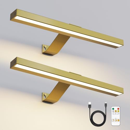 HARPER LIVING Set of 2 Picture Lights Rechargeable Gold, 5000mAh Battery Operated Wall Lights with Remote, Cordless Picture Light Dimmable & 3 Color Temps, Display Lamp for Dartboard Frame Gallery