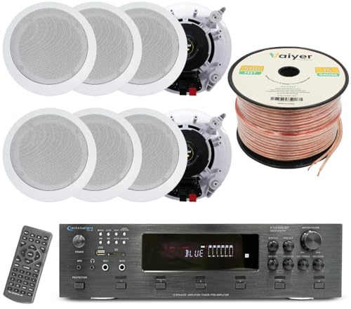 Vaiyer Home Audio System Kit, 6 canali 6000 Watt amplificatore Bluetooth con 6,5 pollici 8 QTY di 200 W ciascuno in-wall in-wall in-ceiling Speaker Wire & 16AWG 500ft cavo altoparlante perfetto per