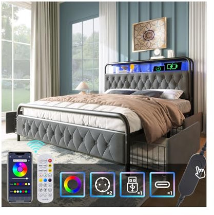 Bett 140x200 mit LED und USB Type C und APP-Control, Polsterbett 140x200cm mit 4 Schubladen und Kopfteil, Doppelbett mit Lattenrost, Stauraumbett Jugendbett Metallbett Bettgestell aus Samt -Grau
