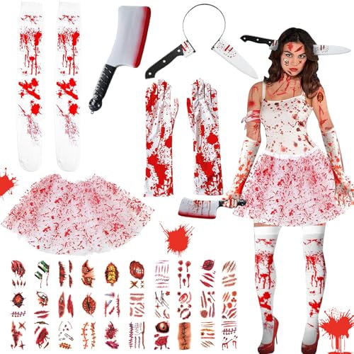 Auzlya Halloween Blut Horror Kostüm Damen Set,Halloween Kostüm,Tutu-Röcken und Strümpfen Blutbefleckten Handschuhen Tattoo-Aufklebern Messer-Stirnband, Machete,Halloween Erwachsene Party Cosplay
