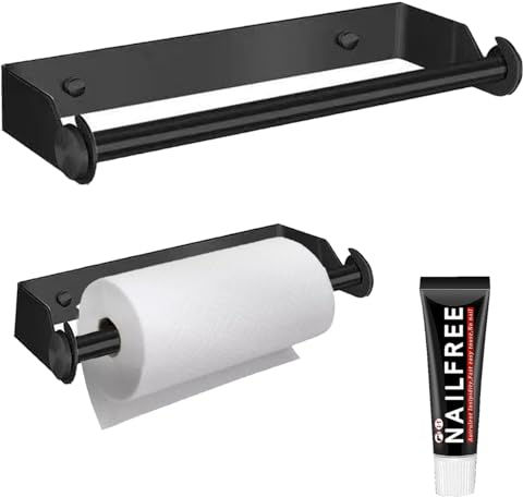 Küchenrollenhalter Schwarz, Schwarz Küchenrollenhalter Mit Haken Küchenrollenhalter Wand Doppelstanzen Ohne Stanzen Küchenrolle Halter Geeignet für Küchen, Badezimmer, etc