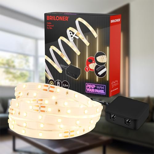 BRILONER - Pimp your Panel LED Strip Starterset, Warmweiß, Kabelschalter, Streifen, Leiste, Zimmer Deko, Band, Zubehör Akustikpaneele, Lichtleiste, Lichtband, 2,6m, Weiß