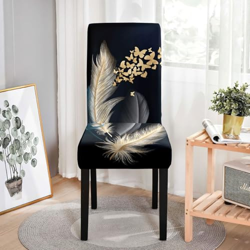 Stuhlhussen Schwarz Gold Schmetterling Stuhlhussen Schwingstühle Stretch Weiche Elasthan Hussen für Stühle Waschbar Stuhlbezug Abnehmbare Stuhlhussen 2er Set Langlebig Stuhlhusse Universal Stuhlbezüge