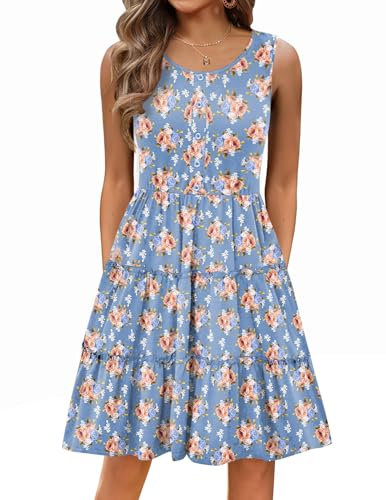 HOTOUCH Robe tunique élégante pour femme, robe décontractée à manches courtes, robe midi bouffante avec poches, taille S à XXL, Bleu Rose, XXL