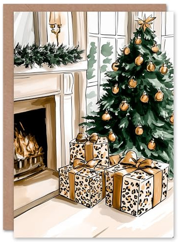 Wee Blue Coo Greeting Card Leopard Print Wrapped Presents Fireplace Tree For Her Woman Xmas Christmas Card