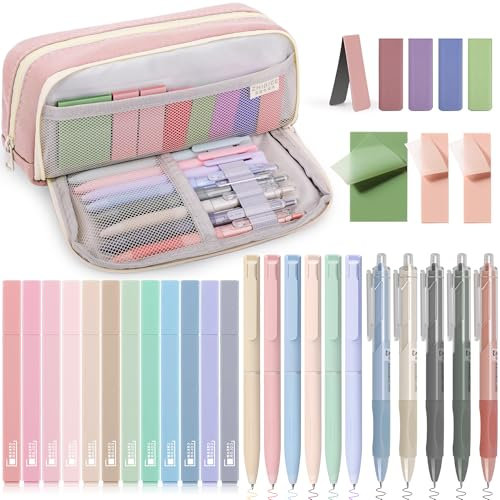 COZCLAM 32pcs Schulsachen Aesthetic mit Rosa Mäppchen, 12 Textmarker Pastell, 5 Schwarze Gelstifte, 6 Farbstifte, 5 Lesezeichen und Haftnotizen, Aesthetic Stationery Bürobedarf