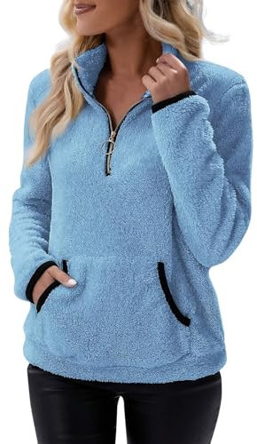 TTFDJG Fleece Pullover Damen Outdoor Flauschige Pulli Warme Sweatshirt Mit Halbem Reißverschluss Plüsch Fleecepullover Rolli Langarm Blau M