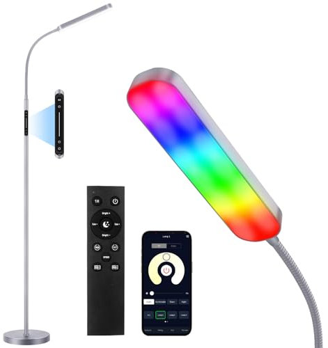 OUTON Stehlampe LED Dimmbar 15W 1500LM, Fernbedienung und App-Steuerung, Leselampe mit 4 Farbtemperatur, 1H Timer, Leseaufgabe Beleuchtung für Wohnzimmer Schlafzimmer Büro,Silber Grau