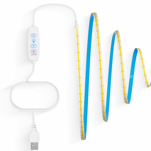 Aurevita Tira LED COB de 3 m, USB, 5 V, blanco cálido, regulable, CRI85 + 8 mm de ancho, flexible para fondo de TV, cocina, salón, fiesta, decoración de bricolaje