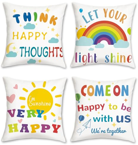 COZZSNUGE Bunt Kinder Kissenbezüge 45 x 45 cm, Regenbogen Sonne Inspirierende Zitate Samtig Dekorative Kissenhülle Zierkissenbezüge für Sofa Klassenzimmer Kinderzimmer 4er Set