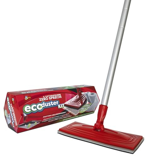 SUPERFIVE Ecoduster, Cattura Polvere, Piattina in VelcroGomma, Testa Snodabile 360°, Manico di Alluminio con Panni Cattura Polvere Inclusi (Ecoduster Kit)