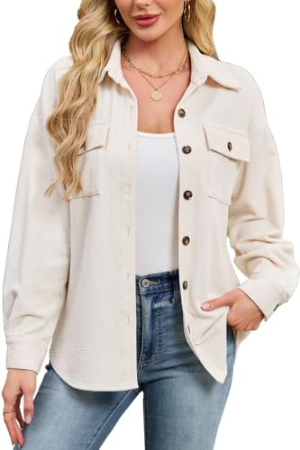 Pawate Cordhemd Damen Lang | Elegante Cordbluse mit Oversize-Passform & Zwei Taschen | Lässige Jacke Damen-Alternative mit rundem Bogensaum（Beige/L