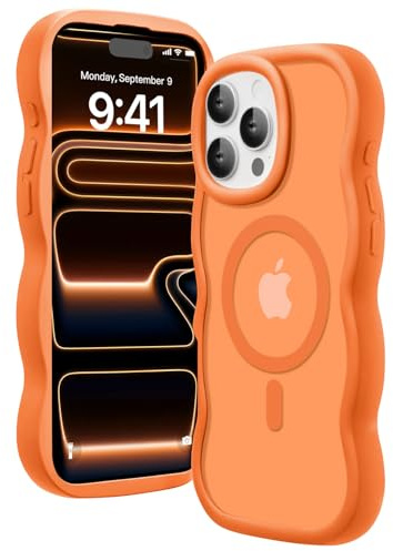 Amzfield Magnetic Case for iPhone 15 Pro, Wavy Translucent Schlank, Orange | Compatible with MagSafe Wavy Translucent Soft Silicone Shockproof Cute Matte for Girl Women Drop Protection Soft Touch Pretty