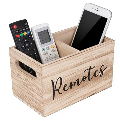 Punorric Remote Control Holder - Solid Wood TV Remote Holder & Wooden Desk Organiser Tidy, 2 Compartments Desk Caddy for Home/Office/Bedroom, TV Controller Holder with Hollow Handles