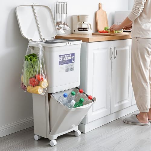 Warmiehomy Recycling Bins for Kitchen 45L Double Compartment Kitchen Bin | 2 Tier Vertical Waste Separation System, Double Lids Dry and Wet Separation, With Wheels & Side Handles