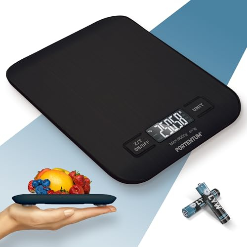 PORTENTUM Bilancia da cucina con display LCD, acciaio inossidabile, bilancia multifunzione per alimenti 5 kg/11 libbre, nero