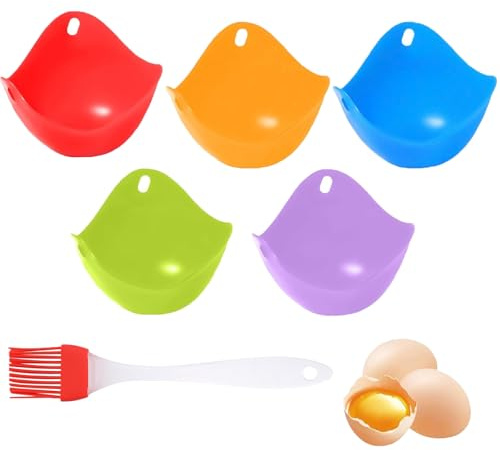 5 Pack Silicone Poached Egg Moulds, 9x6.5 cm Non-Stick Egg Cups with Brush | Easy Food Release, Heat Resistant Up to 230°C, Flexible Multi-Purpose Cups, Dishwasher Safe, Stackable for Storage