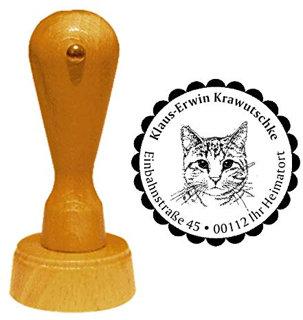 DEKOLANDO Stempel Adressstempel 'KATZE 05' Ø 40 mm - Holz, Motiv, Zierrand