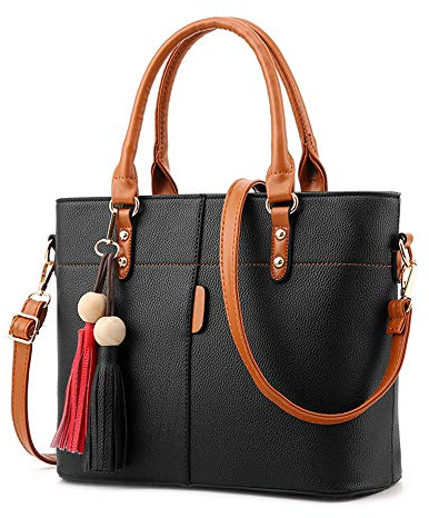 KEEPOP Frauen Handtasche Quaste Desinger Tote PU Leder Schultertasche Geldbörse Muster Crossbody Tasche Satchel Schwarz