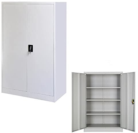 Panana Office Cupboard 2 Doors Metal Lockable Storage File Cabinet Adjustable Shelves Bookcase Storage Unit Grey White