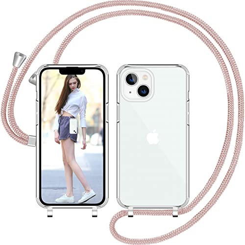 Nupcknn Coque avec Cordon pour iPhone 13, Transparent Coque Collier Réglable Téléphone Étui Portable Lanyard Case Protection Complète Cover de iPhone 13(Or rose 1)