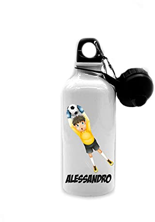 PRS - borraccia in alluminio da 500ml. con doppio tappo, a vite e moschettone,ideale per scuola,calcio,palestra, la borrraccia calcio calciatore personalizzabile con nome cognome iniziali (Giallo)