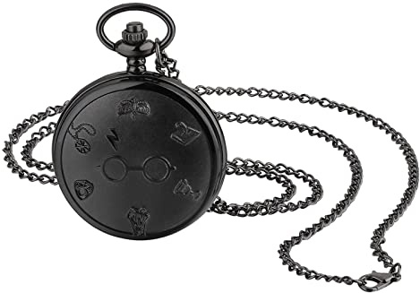 JewelryWe Retro Taschenuhr Vintage Schwarz Analog Quarz Herren Damen Uhr Anhänger mit Halskette Kette Kettenuhr Pocket Watch Geschenk