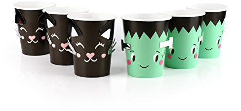Vasos de personajes de Halloween – Paquete de 10 vasos de papel surtidos de Frankenstein y gato con detalles acoplables – Hazlo tú mismo Halloween fiesta vajilla decoración