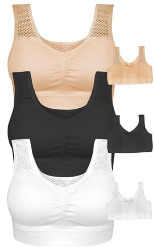 3-Pack Women's Seamless Wireless Cooling Back Comfort Bra with Removable Pads, Black, White and Nude, One size