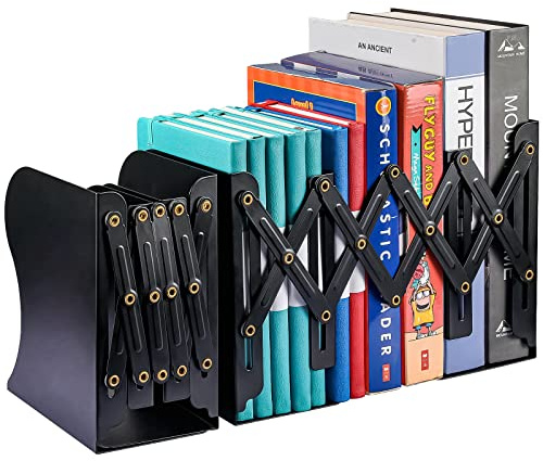 2 Pack Adjustable Metal Book Ends for Heavy Books, Extends Up to 19, Black