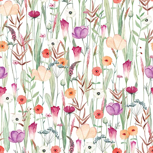 VEELIKE Papel Pintado Flores Acuarela Vintage Papel Autoadhesivo Pared Flores Blancas Papel Pintado Hojas Tropicales Fotomurales Papel Pared Floral Papel Adhesivo para Muebles Habitacion 44,5cmx300cm