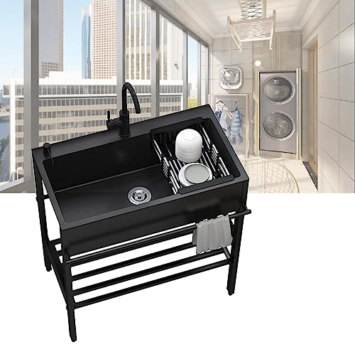 Duchunsheng Fregadero De Cocina Al Aire Libre, Fregadero De Acero Inoxidable Negro, Portatil Fregadero Exterior Jardin Mueble, Pila Lavadero Apto, Garaje Patio Balcón Terraza Autocaravana Escurridor