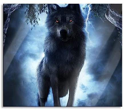 Böser Wolf bei Gewitter im Höhleneingang Herdabdeckplatte & Spritzschutz aus Echtglas | Für Herd-Kochfelder | 60x52 cm