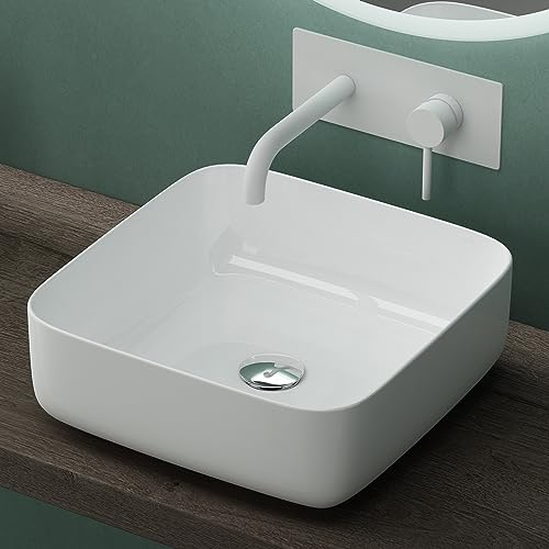 Mai & Mai Waschbecken Aufsatzwaschbecken BTH: 38,5x38,5x14cm Waschtisch aus Keramik in Weiß rechteckig mit Nano-Beschichtung/Lotus-Effekt Brüssel106