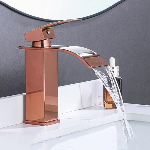 Waterfall Taps Flat Nozzle Single Hole Bathroom Basin Taps Hot and Cold Waterfall Sink Tap,Rose Gold