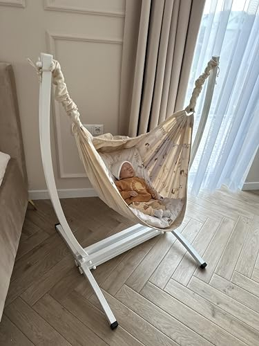Izabell Babyhängematte, Hängematte Für Neugeborene, Hängewiege, Babywiege, Set mit Gestell,0-6 Jahre, 2in1 (Weiß mit Vögeln)