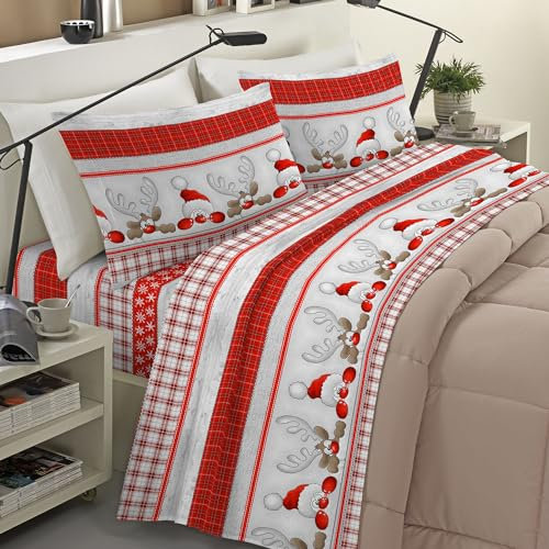 Banzaii Completo Lenzuola Invernale Felpate in Flanella Anti-Pilling 100% Cotone Singolo (per Materasso 80/90 cm, Altezza Fino a 35 cm) Renne Rosso