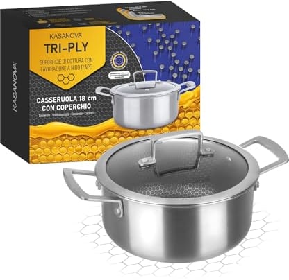 KASANOVA casseruola antiaderente induzione Tri-ply, casseruola con coperchio in vetro, rivestimento antiaderente indistruttibile a 3 strati (Casseruola 18 cm)
