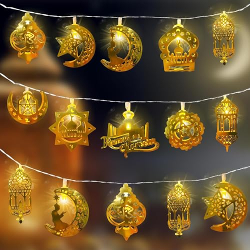 SIXIUDIA Ramadan Lichterkette,Eid Laternen, Ramadan Licht Stern Mond Lichterketten Dekoration LED DIY Lamp Innen/Außen für Zuhause Garten Geburtstag