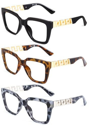 JM 3 Pack Quadratische Lesebrille für Damen Blaues Licht Blockieren, Mode übergroße Blaulichtfilter Brille mit Sehstärke +3.5