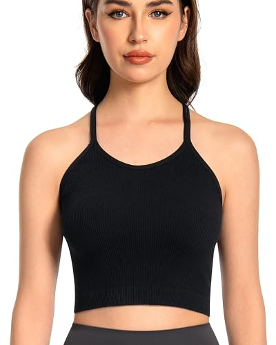 ANGOOL Sport Tank Top Damen Racerback Rippenstrick Ungepolstert Spaghetti Crop Top Seamless Elastische Ärmelloses Rundhalsausschnitt Fitness Yoga Alltagskleidung, Schwarz, M-L