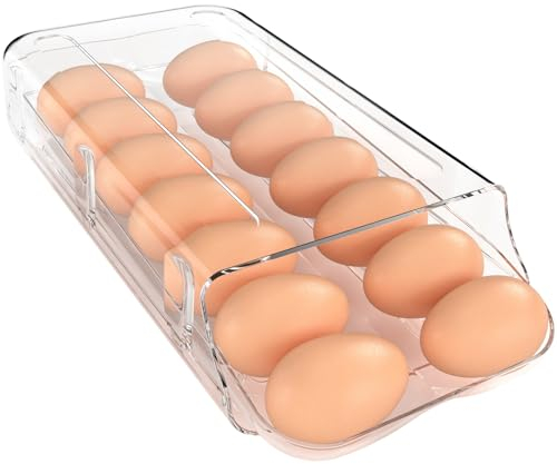 theaoo Porte-œufs pour réfrigérateur, récipient à œufs à rouler automatique pour réfrigérateur, distributeur d'œufs en plastique transparent, organiseur d'œufs empilable avec plateau intérieur