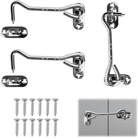 DECARETA 3 Stück Sturmhaken Kabinenhaken mit Öse Edelstahl Türhaken 10CM Lang Fensterhaken Haken Schloss Scheunentor Gartentor Riegell für die Balkon Tür Riegel mit 6 Stück Montage Schrauben